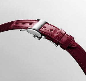 Montre de soirée bicolore avec cadran blanc à chiffres romains, phase de lune et bracelet en cuir bordeaux Longinesing - Product Image 4