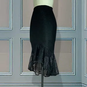 Negro de encaje Midi de cintura alta Slim Irregular con volantes de las mujeres Bodycon falda