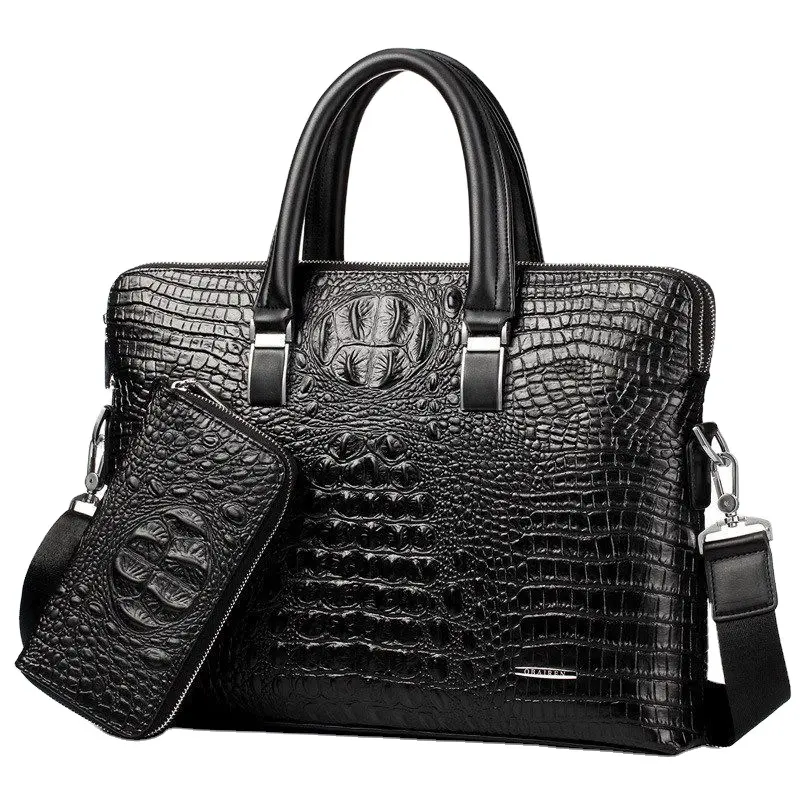 Leisure Crocodile Pattern Leather Laptop Bag Shoulder Crossbody Bag Men Business Briefcases and Wallet Set