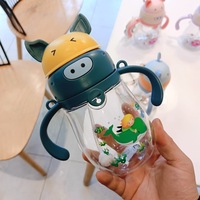 Gourde d'apprentissage pour enfants à motif de dessin animé avec paille, 0,35 L, en plastique, portable, pour la rentrée scolaire