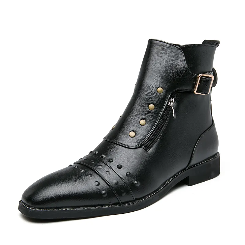 Fashion Streetwear Zipper Zapatos De Cuero PU Leather Boots High Ankle Men's Casual Shoes Rivet Belt Buckle Dress Shoe