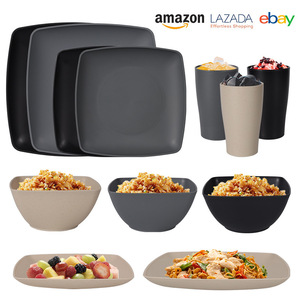 Square Bowl And Plate <b>Set</b> 16Pcs Black Plastic <b>Dinnerware</b> For Picnic Outdoor Use - Product Image 4