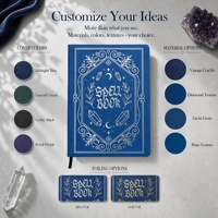Carnet de notes personnalisé A4 en cuir PU bleu marine, couverture rigide, avec estampage argenté, thème magie et fantaisie, avec bande élastique et marque-page en corde