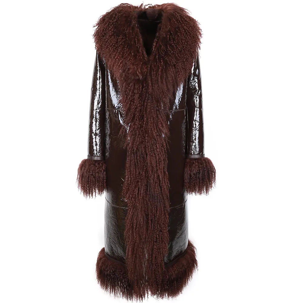 Winter Warm Women Fur Collar Long Shearling Coat Suede Leather Trench Coat For Ladies