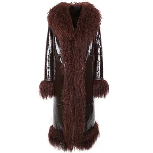 Winter Warme Vrouwen Bontkraag Lange Shearling Coat Suède Lederen Trenchcoat Voor Dames