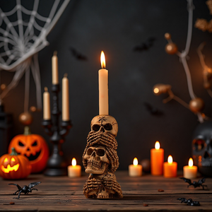 Support de bougie vintage en forme de crâne - Décoration de table gothique pour Halloween et accessoires de présentation pour bar - Accessoires effrayants pour photomaton et maison hantée - Product Image 1