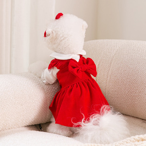 Spring and Autumn Puppy <b>Bow</b> Dress Set, Medium and Small Dog and Cat New Year Pet Clothes - Product Image 2