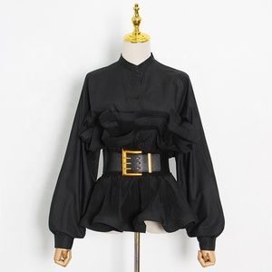 OUDINA Camicia alla Moda per Donna, Casual, Tinta Unita <span class=keywords><strong>con</strong></span> <span class=keywords><strong>Cintura</strong></span>, Maniche Lunghe <span class=keywords><strong>con</strong></span> Volant, Blusa Femminile - Product Image 4