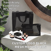 Sac à cosmétiques en maille noire personnalisé avec fermeture éclair et poignée, pochettes de voyage pour femme