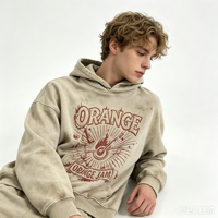 Sweat à capuche épais beige délavé style streetwear vintage Dirty Spray avec motif ORANGE JAM délavé au soleil pour homme et unisexe, vente en gros