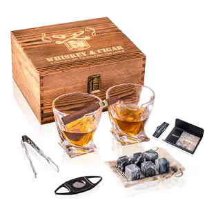 批发无铅玻璃杯饮用玻璃器皿扭曲雪茄威士忌酒杯套装木盒男士威士忌礼品
