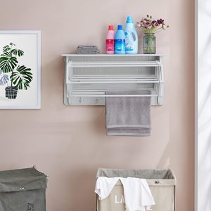 Porte-serviettes mural rétractable en accordéon en bois avec crochets pour vêtements et serviettes Buanderie ou garage - Product Image 5