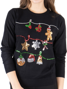Pull de Noël noir à sequins pour femme, col rond, manches longues, tricoté, décorations de fêtes, vêtement d'hiver, sweat-shirt à col rond - Product Image 1