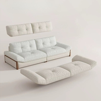 Dreisitzer-Sofa mit Knopfheftung aus Leinen, Massivholz-Sofa mit breiten Armlehnen, Mid-Century-Sofa mit tiefer Sitzfläche für das Wohnzimmer