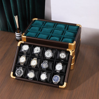 Présentoir de montres de luxe léger doré à coins arrondis 12 positions avec coussinets souples, rangement pour bracelets en flanelle et cordons, culturel
