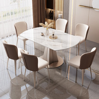 Moderno Juego de Comedor Extensible para 6 Personas con Plato Giratorio Integrado, Superficie de Piedra Sinterizada, Patas de Metal, Multifuncional, Ensamblado