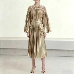 Robe de soirée plissée élégante et modeste sur mesure avec broderie dorée, taille unique chic pour les fêtes, fabrication ODM - Product Image 1