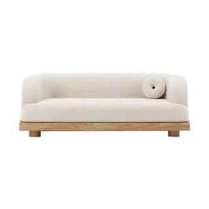 Hoge Kwaliteit Houten Eenvoudige Boucle Sofa Nordic Japanse Driezits Ins Lam Wit Sofa Hotel Villa Wit Fluwelen Stof Bank