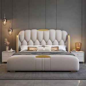 Muebles de dormitorio de lujo para el hogar, venta al por mayor, camas modernas de <span class=keywords><strong>madera</strong></span> de metal dorado con <span class=keywords><strong>cabecero</strong></span> y sábanas de cuero genuino tamaño King - Product Image 2