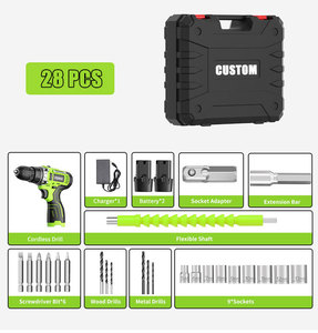 Perceuse sans fil 12V, perceuse à percussion, tournevis électrique, portable, batterie au lithium, kit d'accessoires en plastique de 28 pièces - Product Image 2