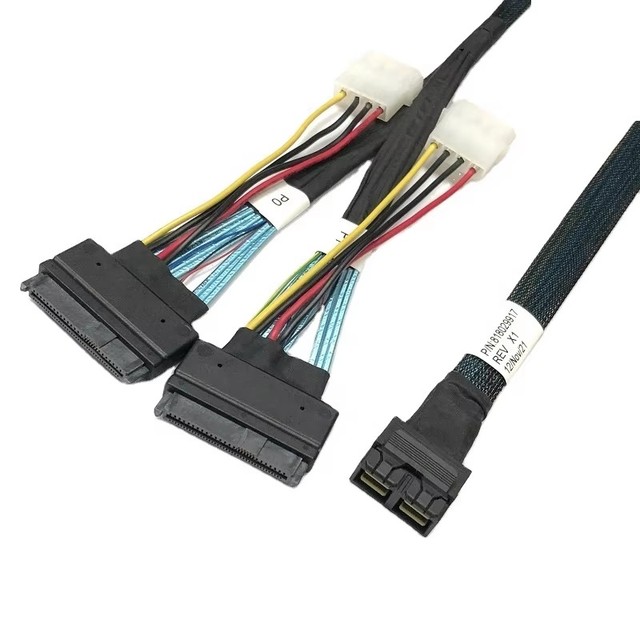 1.5M SFF8643 to Dual SFF8639 MiniSAS HD U.2 Cable With 4P Power for Enterprise Rack Server NVMe SSD High Speed Transmission