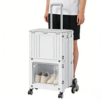Chariot de courses pliable à double niveau blanc avec porte transparente et roues pour monter les escaliers
