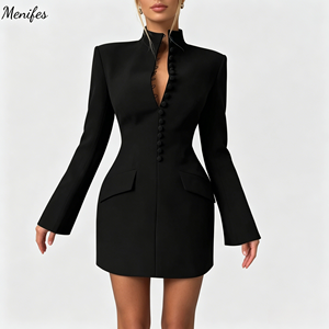Long Sleeve Blazer <strong>Dress</strong> <strong>With</strong> High Neck and Front <strong>Buttons</strong> Elegant Formal Wear for Women Women's <strong>Dress</strong> - Product Image 1