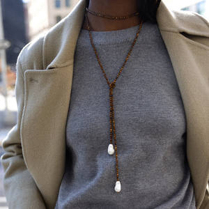 <span class=keywords><strong>Collar</strong></span> Lariat Personalizado con Cuentas y Perla - <span class=keywords><strong>Collar</strong></span> Largo Ajustable en Negro/Azul/Ojo de Tigre para Mujer, Joyería de Moda - Product Image 4