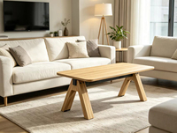 Table basse rectangulaire arrondie, aspect bois naturel, pieds en forme de A, table centrale moderne pour salon, meubles de maison