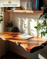 Bureau flottant en bois massif de style rustique moderne |   Bureau d'ordinateur mural multifonctionnel artistique à bord naturel avec étagère pour bureau et étudiant