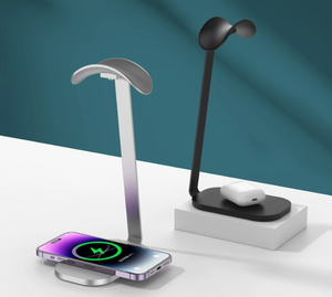 Support pour casque en alliage d'aluminium <span class=keywords><strong>Base</strong></span> antidérapante Chargeur de téléphone sans fil 15W Étagère d'affichage pour écouteurs de jeu Supports de bureau - Product Image 1