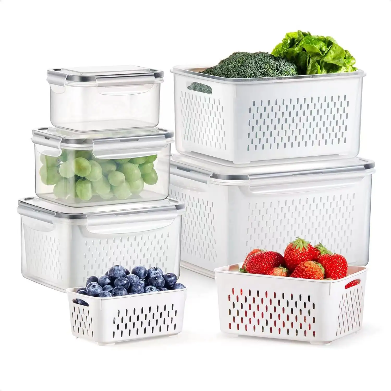 주방 냉동고 쌓을 수있는 냉장고 주최자 세트 냉장고 보관 용기 뚜껑 및 배수 바구니가있는 야채 및 과일 상자