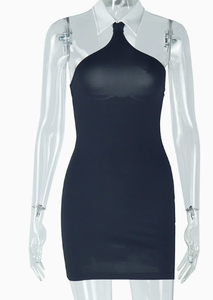 <span class=keywords><strong>Robe</strong></span> moulante élégante <span class=keywords><strong>noire</strong></span> à <span class=keywords><strong>col</strong></span> halter avec <span class=keywords><strong>col</strong></span> blanc, sans manches, mini-<span class=keywords><strong>robe</strong></span> ajustée pour le printemps et l'été - Product Image 2
