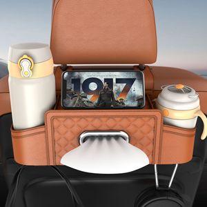 Car Seat Back Storage Box With Cup Holders And Phone Stand Multi Functional Organizer For Car Interior Brown Leather Style - Product Image 1