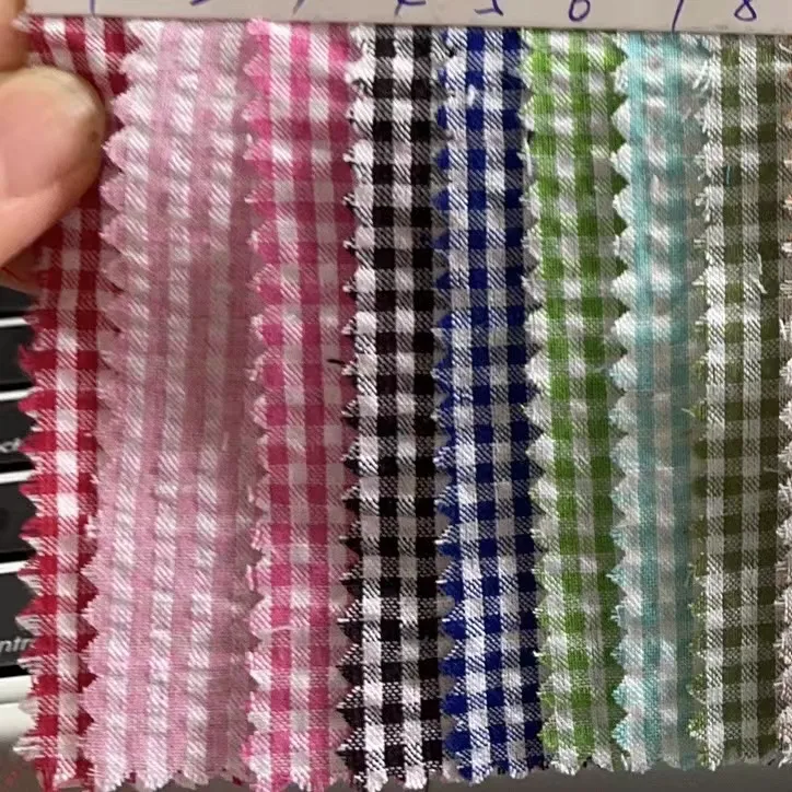 Nhà Máy Trực Tiếp Hỗ Trợ Thời Trang Polyester Cotton Pha Trộn Vải Dệt Sọc Kiểm Tra Vải Áo Sơ Mi Vải Seersucker Vải