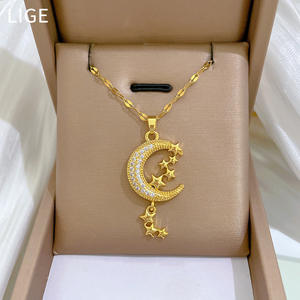 Collana con Ciondolo <span class=keywords><strong>Luna</strong></span> e Stella in Oro 18K Placcato di Alta Qualità con Diamanti per Gioielleria Femminile - Product Image 2