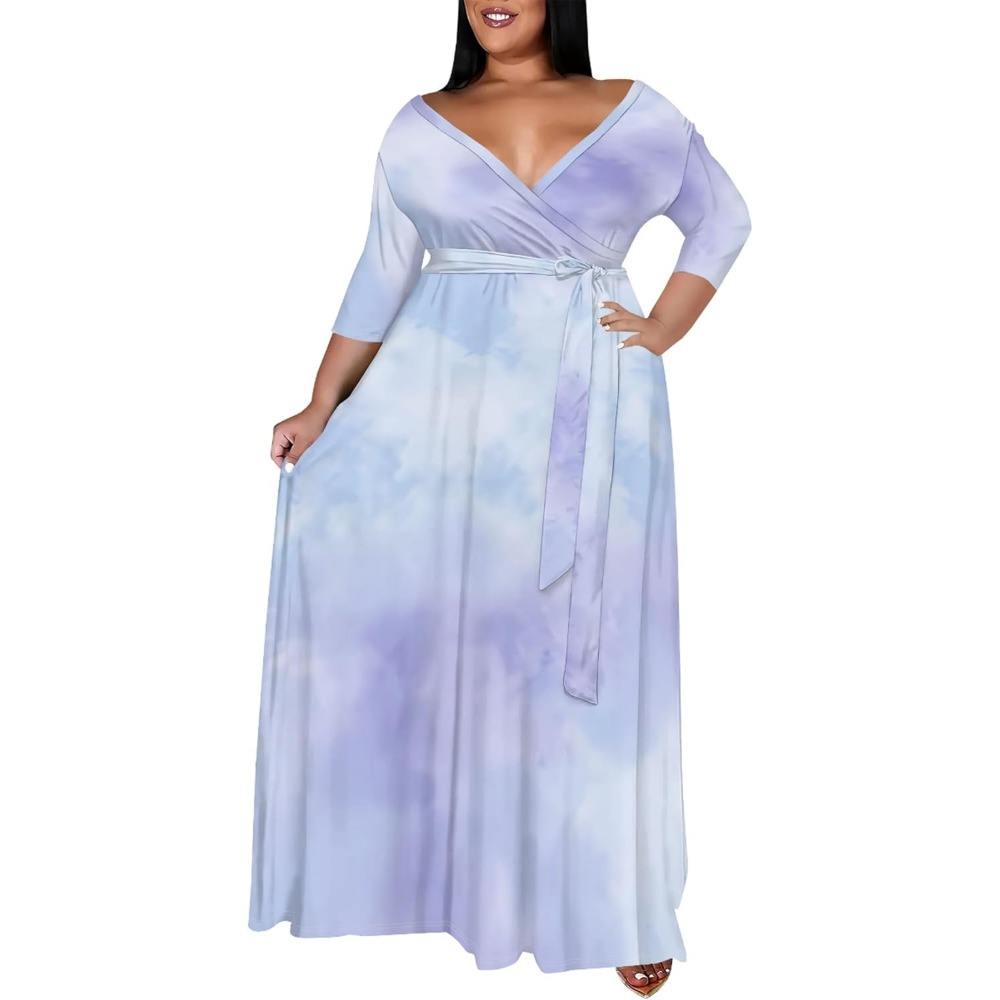 Plus Size Dress a Line Dresses for Women Summer Long Dresses with Sleeve  Casual Belted Vacation Elegant Outfits - Main Image