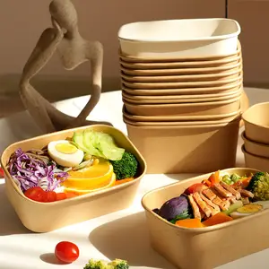 Factory Custom Take Away Lunch Food Bowl Kraft Paper Salad Disposable Rectangle Paper Square Salad Container Bowls