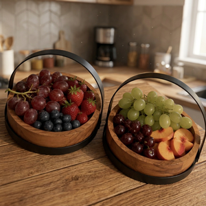 Tazón Redondo de Madera para Servir con Asa de Metal, para Frutas, Aperitivos, Frutos Secos, Nueces, Entradas y Decoración de Mesa - Product Image 2