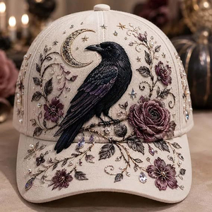 <span class=keywords><strong>Gorra</strong></span> <span class=keywords><strong>de</strong></span> béisbol personalizada con visera rígida curvada, bordado floral completo y pedrería, con bordado frontal <span class=keywords><strong>de</strong></span> rosa y cuervo, y perlas. - Product Image 1