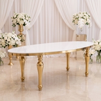 Table ovale de banquet de mariage en acier inoxydable doré avec plateau blanc pour événements et réceptions