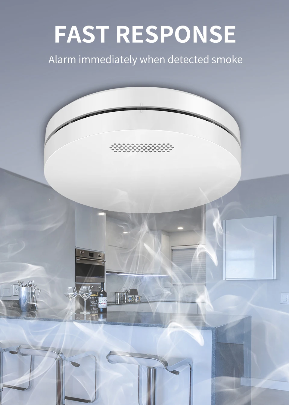 Sistema de alarma para el hogar, detector de humo interconectado  inalámbrico, control remoto inteligente interconectado, alarma de humo  contra incendios