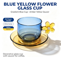 Ensemble tasse et soucoupe en verre borosilicate, mug bleu avec poignée fleurie jaune, résistant à la chaleur, pour café et thé, idéal pour la maison et les cafés