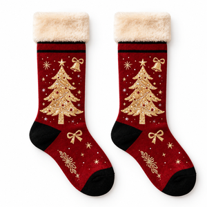 Chaussettes de Noël personnalisées pour femmes et hommes, couleur rouge vin, motif arbre doré jacquard, chaussettes d'hiver chaudes en polaire, chaussettes pantoufles moelleuses avec bordure en fourrure pelucheuse - Product Image 3