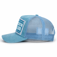 Casquettes de camionneur OEM personnalisées, tendance, 5 panneaux, haute qualité, bleu uni, visière incurvée, logo brodé 3D, maille, fermeture snapback, daim