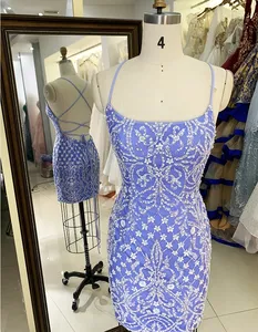 2024 blue short lace up back sleeveless sequin round neck fitted homecoming dresses women