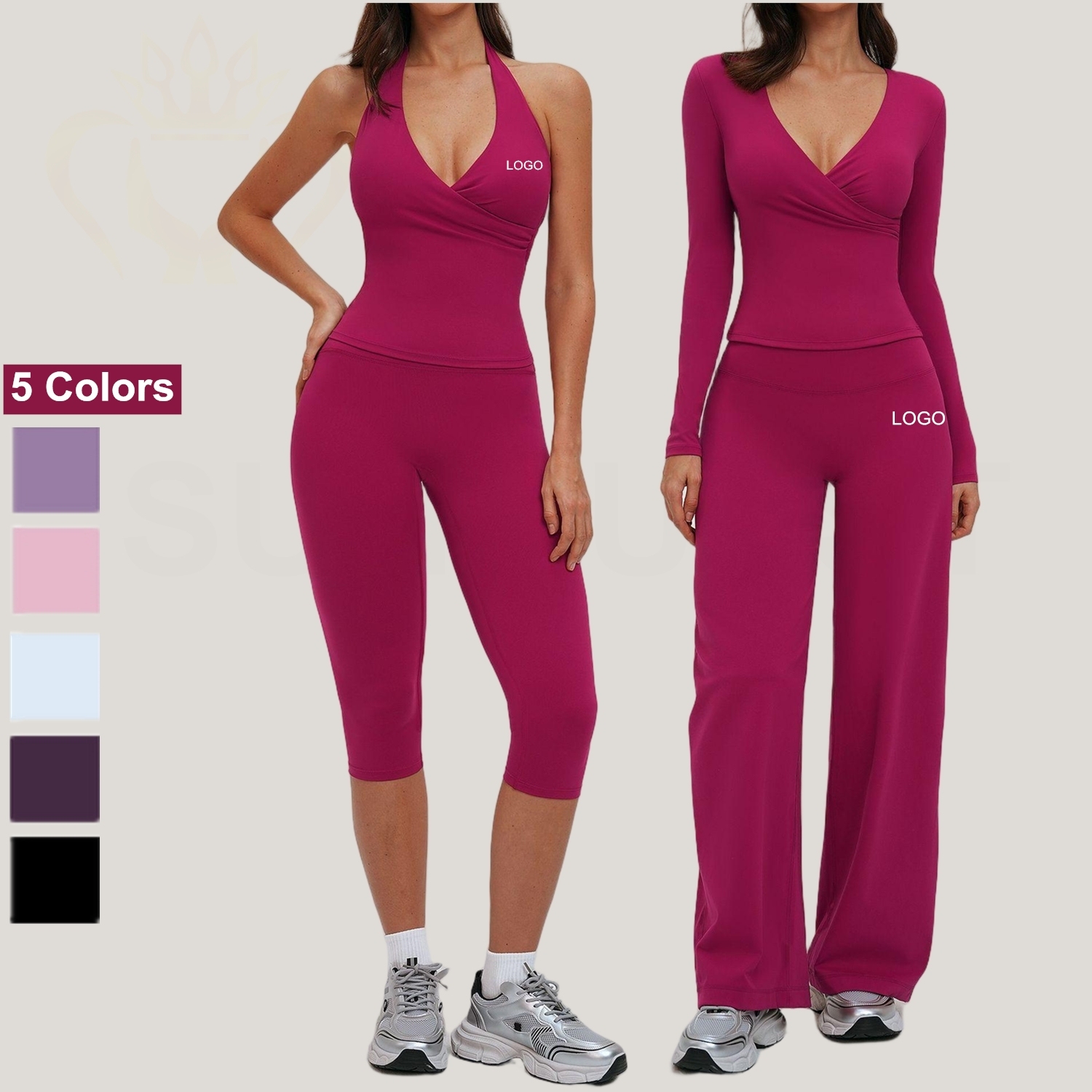 Gym Fitness Suit Two Piece Set Women Clothing Yoga Set Long Sleeve Top Loose Straight Pants Sport Tank Top Soft Set Activewear