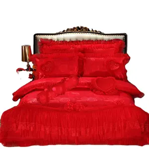 韩版刺绣植物花3d印花蕾丝公主粉色红色结婚床上用品套装