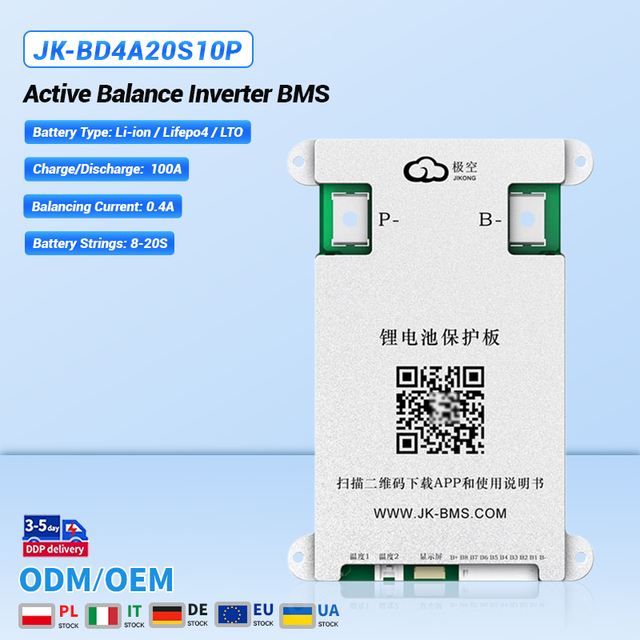 JK-BD4A20S10P 100A Smart BMS with 0.4A Active Balance for BT LCD Display 8-20S 24V Lifepo4 Lithium Battery Metal Core PCB Board