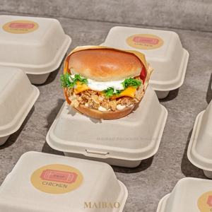 Personalizzabile 500ml frigorifero e <span class=keywords><strong>microonde</strong></span> sicuro biodegradabile 6x6 pollici canna da zucchero contenitore per alimenti hamburger bagasse scatole a conchiglia - Product Image 1